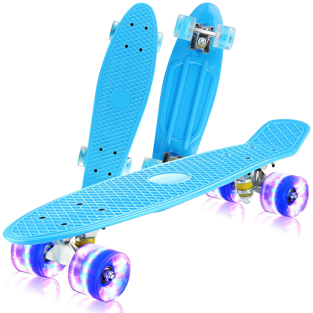 RUNYI 24 inch Complete Plastic Mini Cruiser Retro Skateboard with Handle Colorful LED Light PU Wheels for Girls Boys Kids Adult Teens Beginners