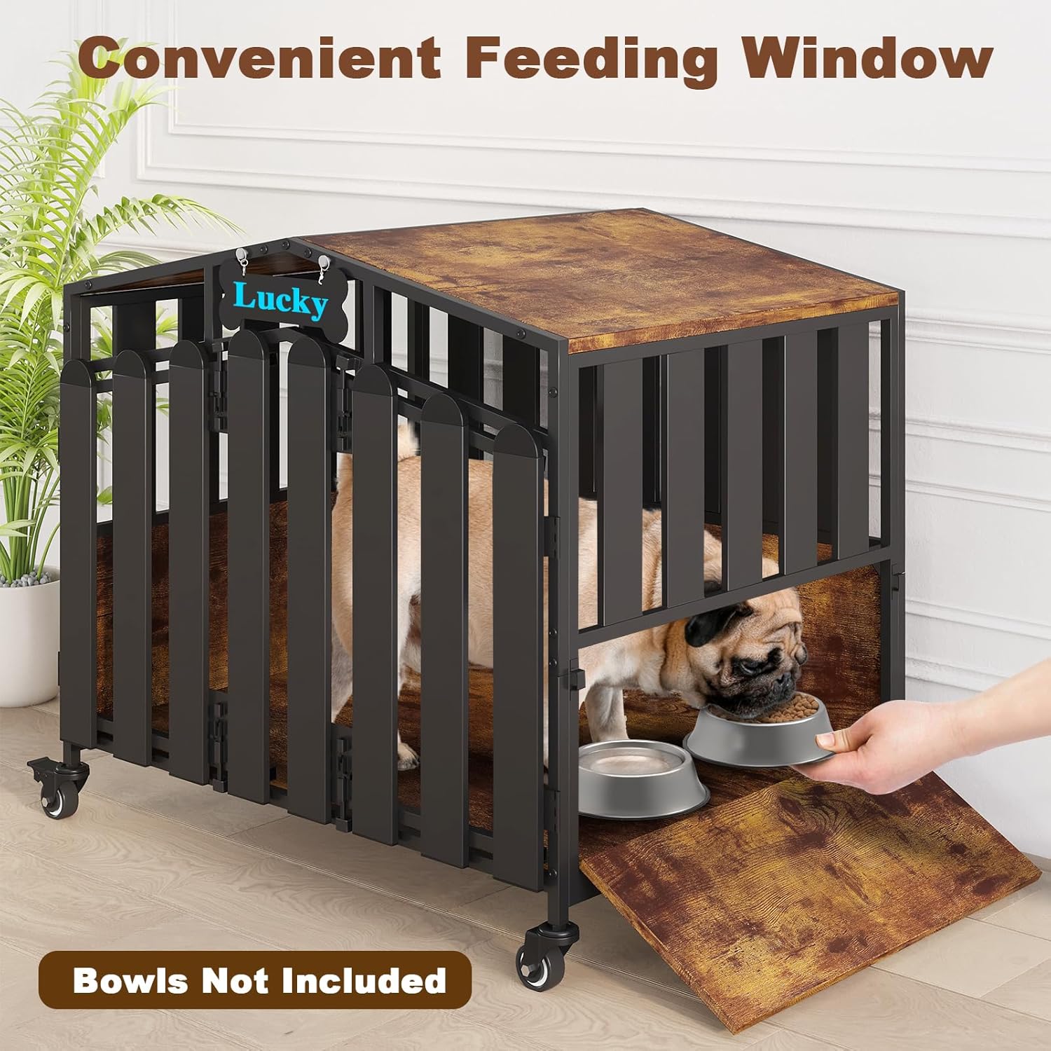 POAO 31"Heavy Duty Dog Crate Furniture with 360°Wheels,Dog Kennel Indoor for Small Dogs,Wooden Dog Cage with Feeding Window &Name Tag,Brown