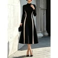 thumbnail image 5 of Women High Neck Long Sleeve Midi Dress, Color Block Contrast Panel A Line Flared Dress, Elegant Formal Dress for Business Wedding Party, 5 of 8