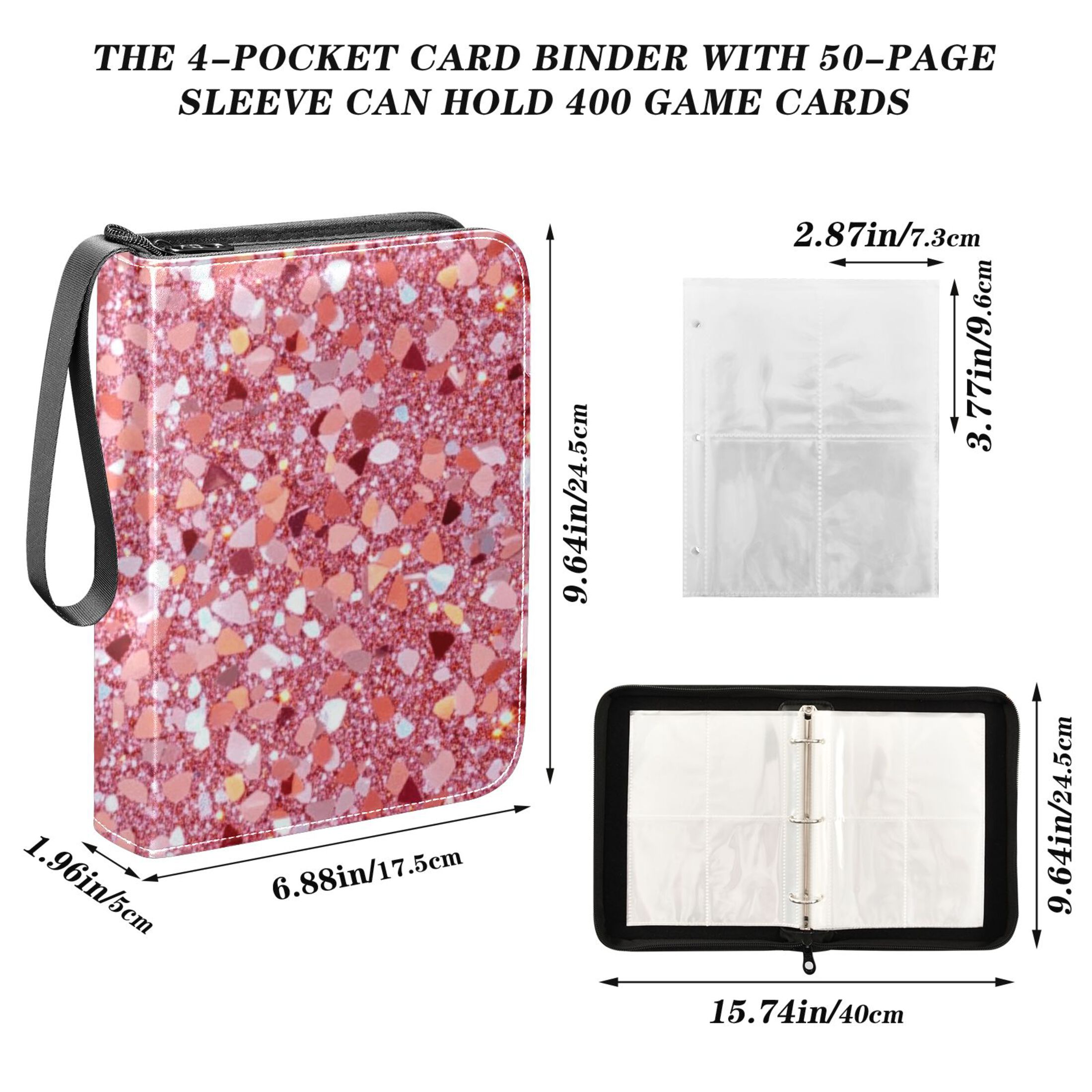 Trading Card Binder Album 400 Pockets 50 Removable 4-Pocket Pages Waterproof Pink Clastic Gemstone