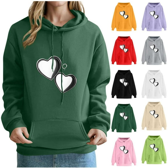 Olyvenn Womens Hoodies,Fleece Lined Oversized Basic Pullover Sweatshirts Heart Print Hooded Y2K Fall Outfits Clothes Army Green L
