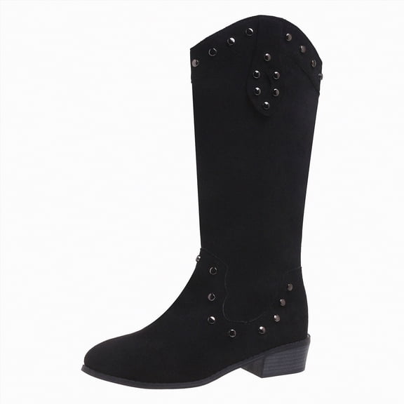 UngA Womans Boots Slip-On Suede Boots Lace Up with Side Pom Round Toe Shoes Chunky Fall Winter Warm Boots Women Mid Calf Black,Size 7.5