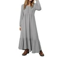 thumbnail image 5 of vigerkar Women's Linen Maxi Dress Long Sleeve Casual V-Neck Tiered Ruffle Dress Boho Beach Pleated Long Dress Grey, 4XL, 5 of 9