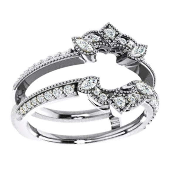 Marquise White Natural Diamond Enhancer Guard Ring In 14K Solid White Gold (0.37 Ct), Size-4