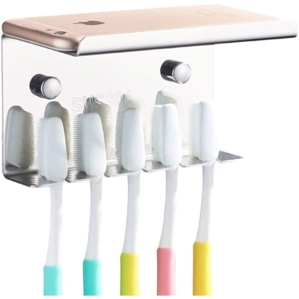 Portacepillos de dientes montado en la pared con estante, acero inoxidable 304, autoadhesivo 3M, organizador de 5 cepillos de dientes, pasta de dientes, teléfono, limpiador facial (plata)
