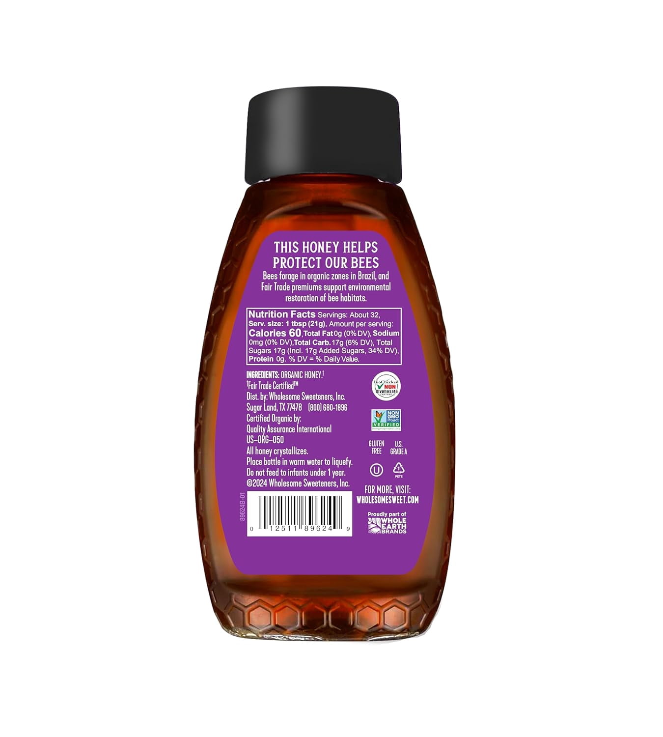 Wholesome Sweeteners 24-Ounce Organic VTF5&nbsp;Raw Unfiltered Honey Bottle, 100% Pure, Fair Trade Certified, Non GMO Project Verified, & Gluten Free, 1 Pack