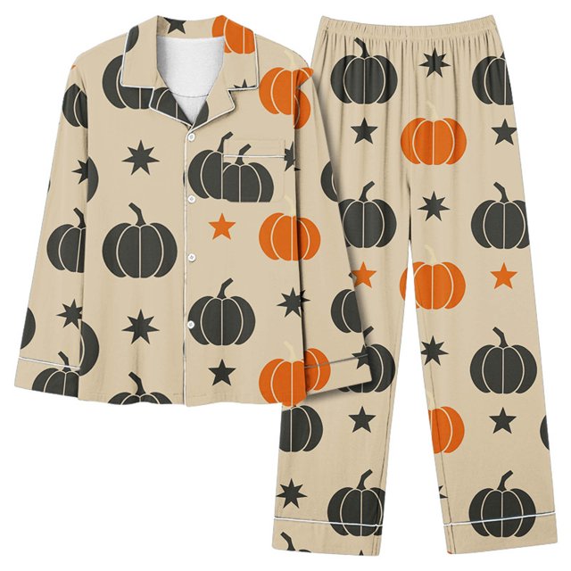 Ensembles de Pyjama pour Femmes Ensemble de Pyjama Décontracté Ample et à la Mode Imprimé d'Halloween Pantalon Long à Manches Longues et Col à Revers pour Femmes