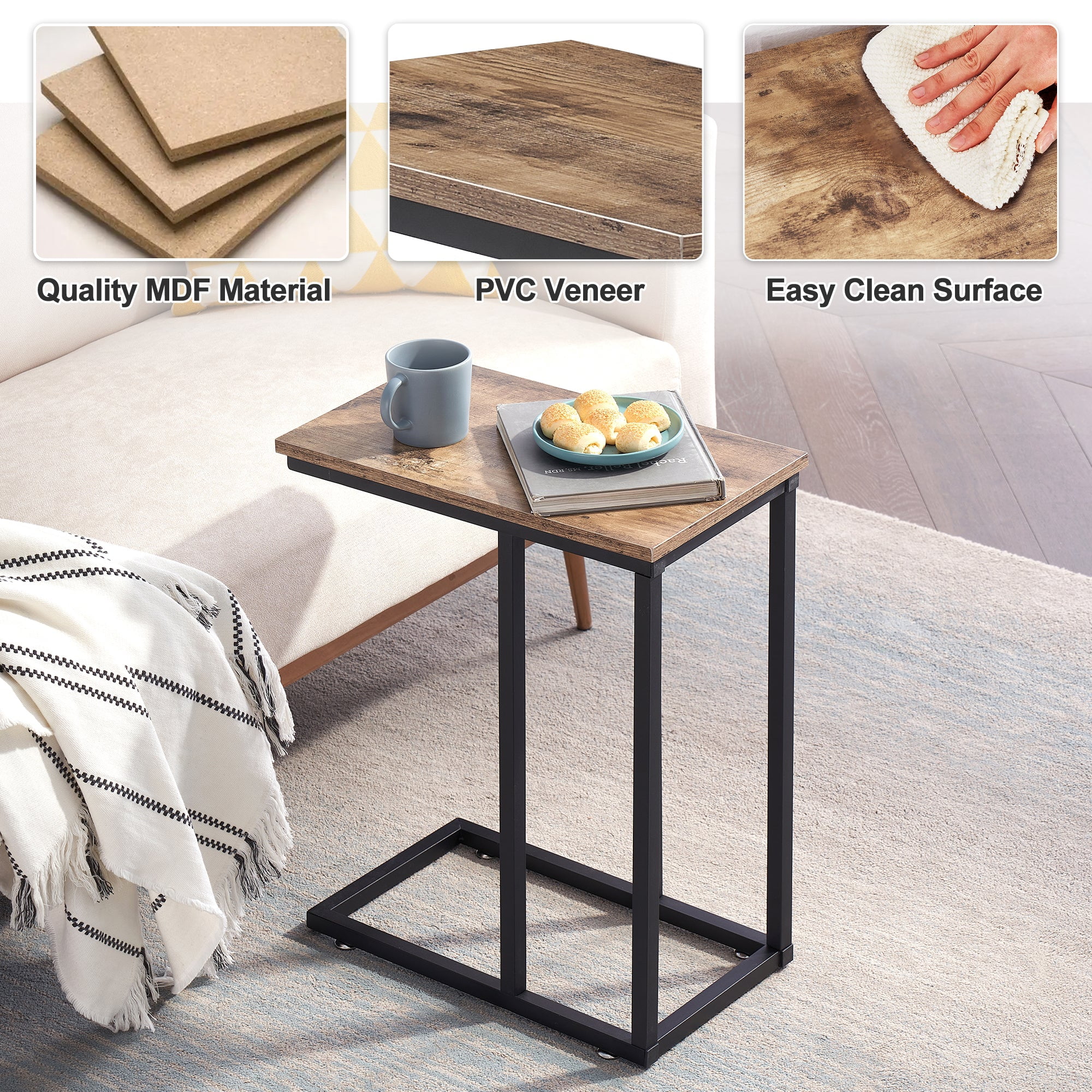 VECELO Set of 2 C-Shaped Sofa Side Table, Small End Table for Living Room, Narrow Bedside/TV Tray Table, Gray