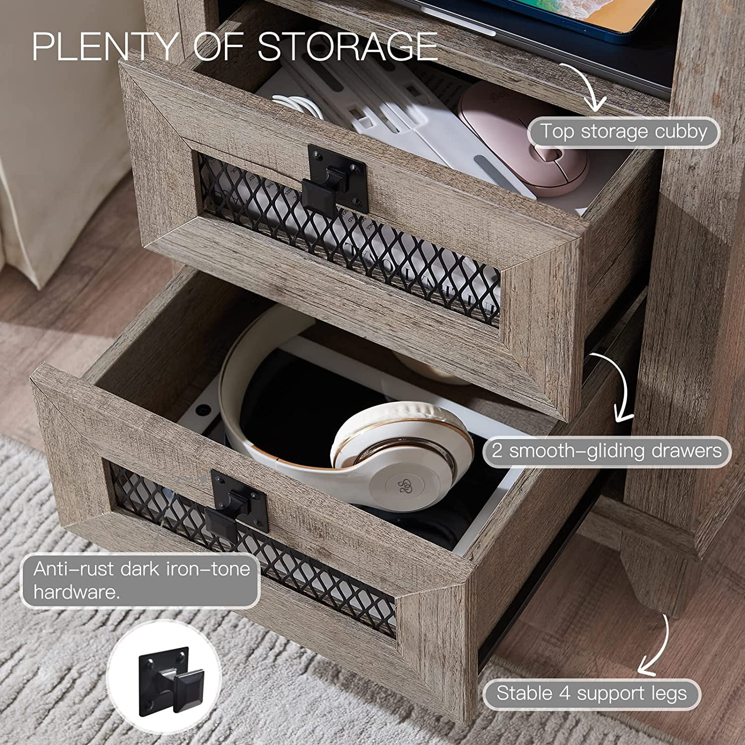 OKD 2-Drawer Wooden Nightstand with Charging Station for Living Room, Modern Square End Table, Light Rustic Oak