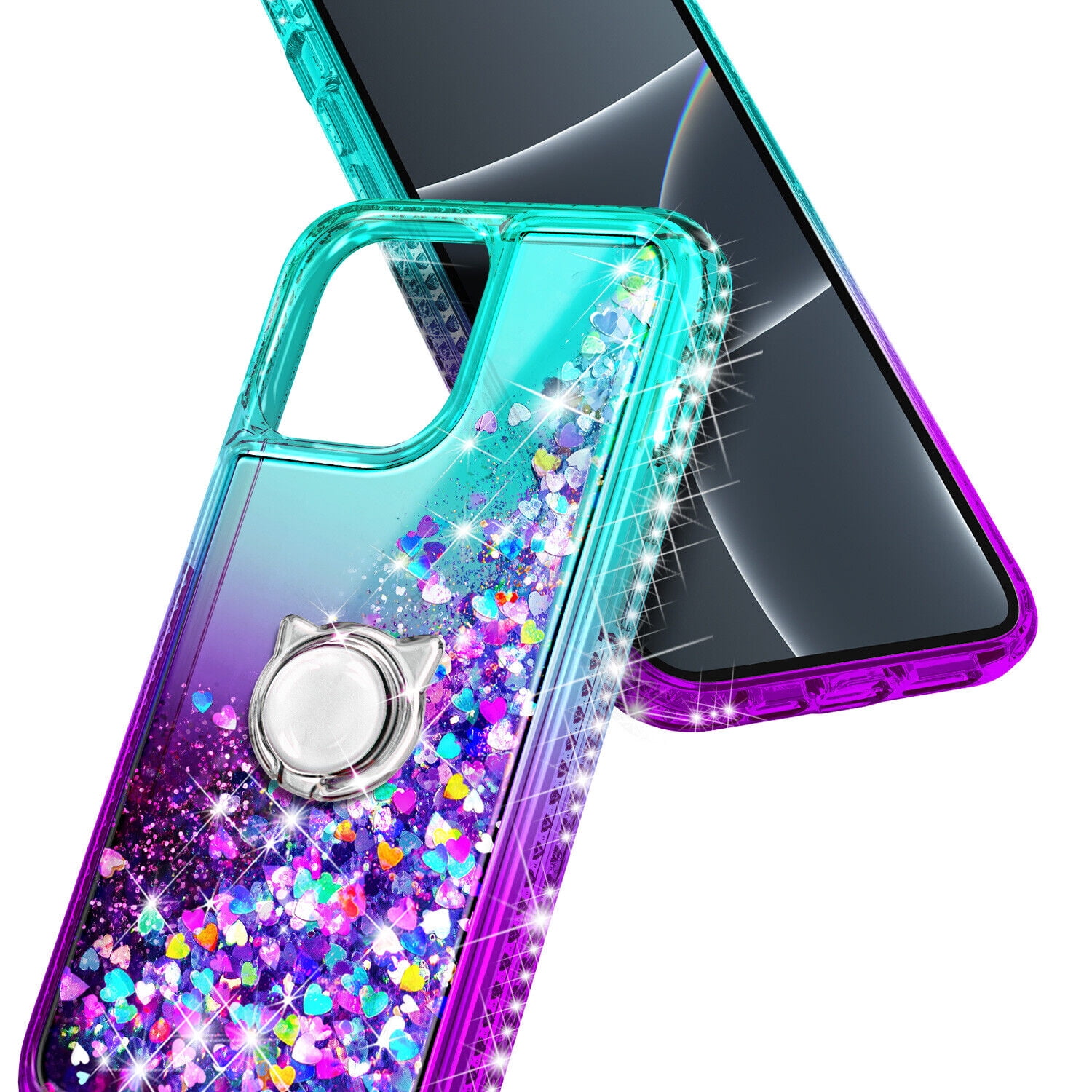 Case for iPhone 14 Pro Max, Moving Liquid Holographic Glitter Case with Kickstand, Women Slim Protective Case, Green&Purple