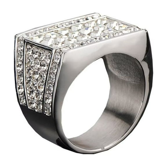 HIJONES Men's Full Diamonds Stainless Steel Rings Personalized Cubic Zircon Band Ring Jewelry Silver Size 12