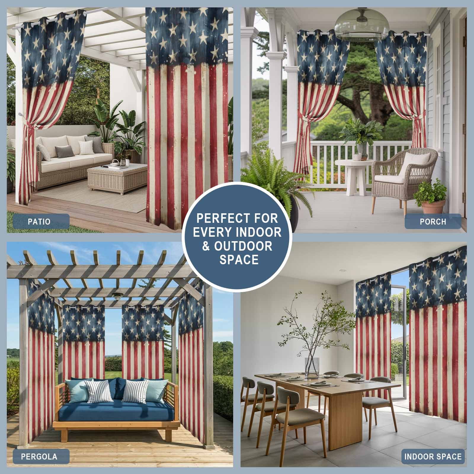 Retro American Flag Outdoor Curtains for Patio, 4th of July Independence Day USA Flag Sunshade Privacy Drapes Grommet Waterproof Outside Curtains for Porch/Cabana/Balcony 54"x 108", 1 Panel
