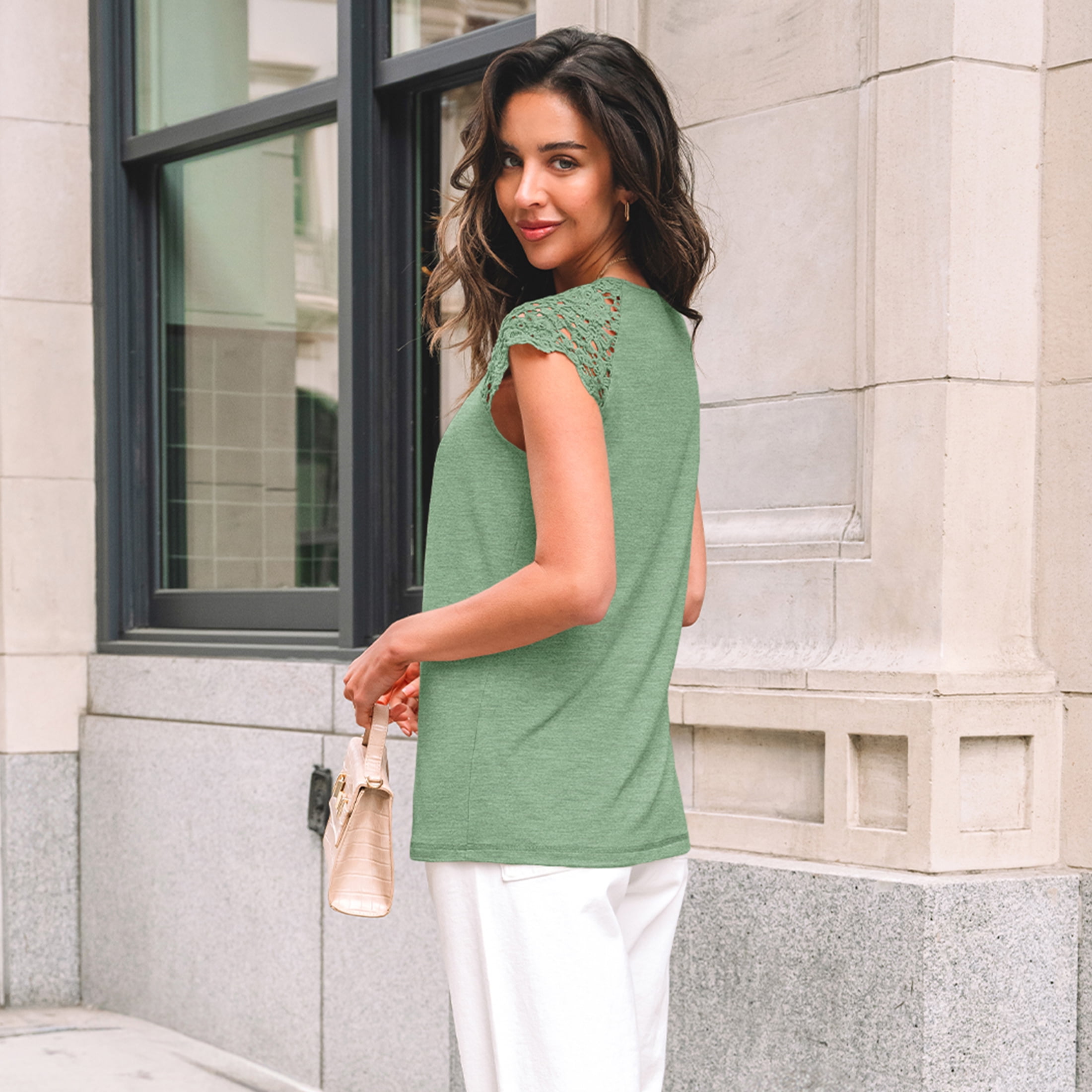 SUNBS Blouses for Women Lace Tops Pleated Short Sleeve Shirts Summer Business Casual Dressy Clothes