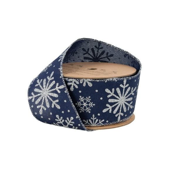 LaRibbons 2 1/2" Faux Linen Wired Ribbon, Blue w/ Giltter Silver Snowflake, 25 Yard Roll