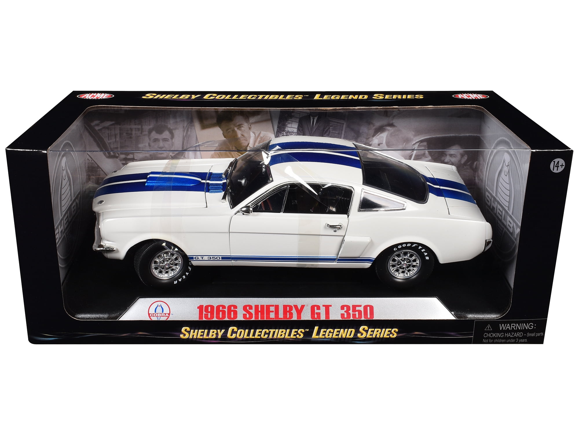 1966 Ford Mustang Shelby GT350 White with Blue Stripes 1/18 Diecast Model Car by Shelby Collectibles