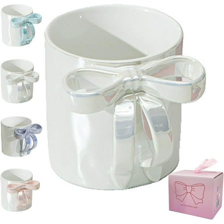 

12oz Charming Ribbon Mugs with Bow Handle 350ml Bow Mug Pink Christmas Mug Ceramic Christmas Bow Hot Coffee Mug for Women Friends Coworker Valentine s Christmas Birthday Gifts (Pearl White)