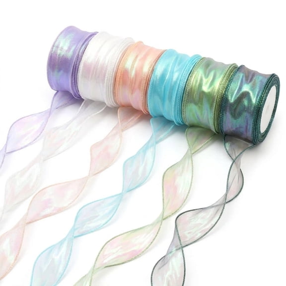 6 Rolls Iridescent Organza Ribbon, 1.57 Inch × 9.84Yard Sheer Shimmer Tulle Ribbon for Gift Wrapping, Wedding Bouquet & DIY Craft Decor