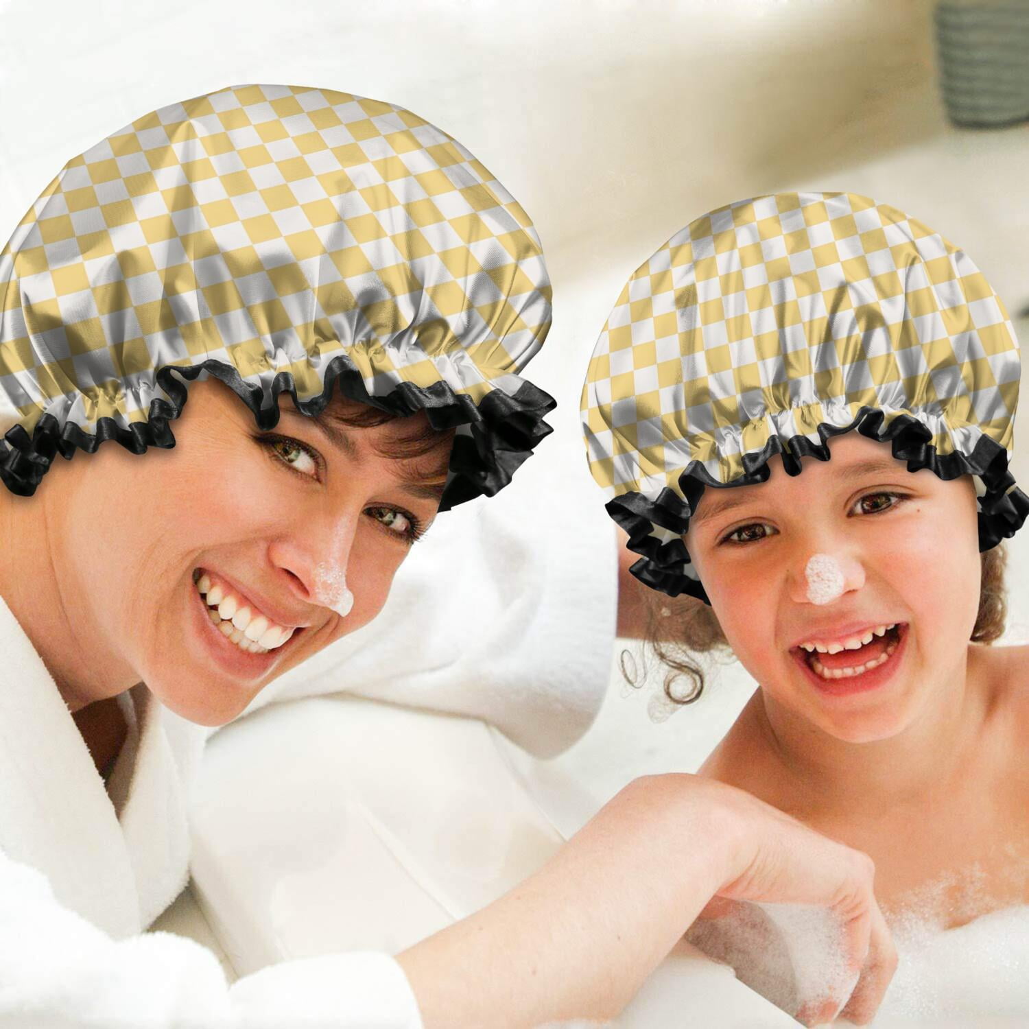 Shower Caps,Yellow and White Checkerboard Pattern Waterproof Shower Cap for Women 4 Pieces,Double Reusable Hair Cover for Shower PEVA Elastic Stretch Hem