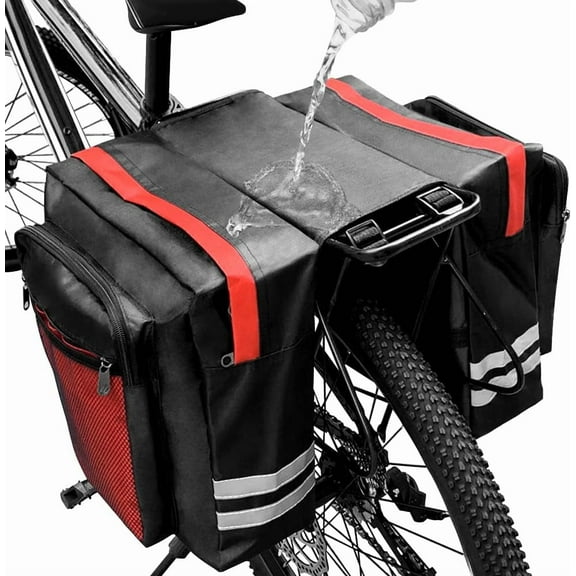 Bike Pannier Saddle Bags - Double Rear Rack Bag with Reflective Trim, Adjustable Hooks & Large Pockets for Mountain/E-Bike/Adult Road Bike(Red)