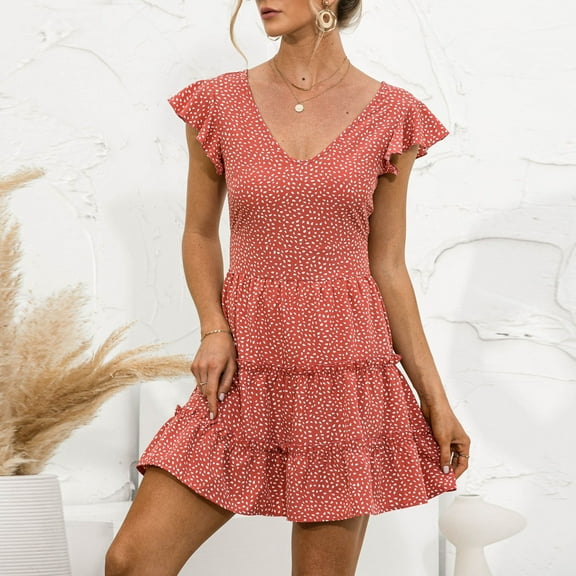 VKEKIEO Casual Summer Dresses For Women Sun Dress V-Neck Short Sleeve Printed Red L