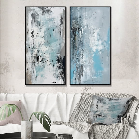 Designart "Tranquil Subtlety In Abstract Blue IV" Abstract Painting Framed Wall Art Set Of 2 - Modern Blue Framed Canvas Set For Living Room Decor