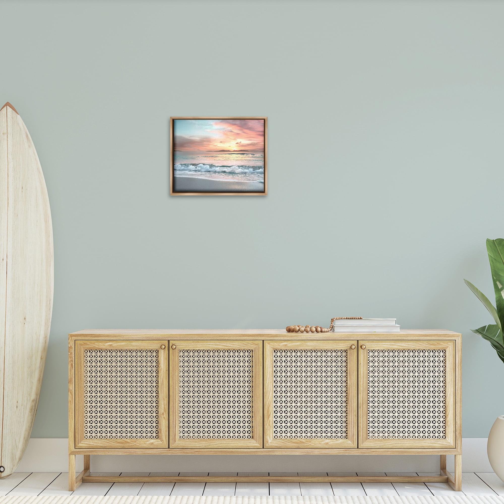 Stupell Industries Morning Sunrise Beach Landscape Landscape Photography Brown Floater Framed Canvas Art Print Wall Art, 21 x 17