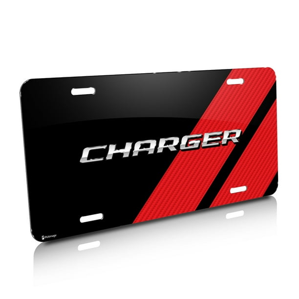 Dodge Charger Carbon Fiber Look Red Stripe Graphic Aluminum License