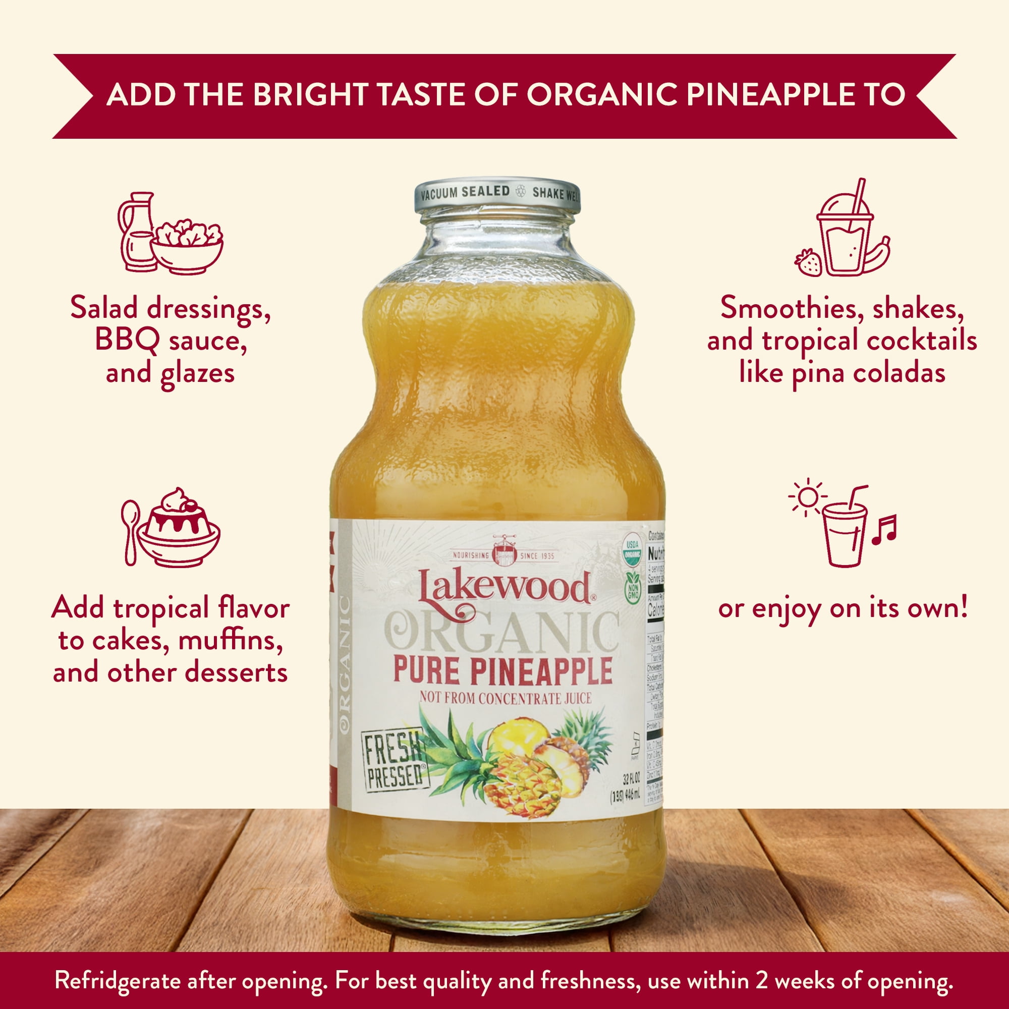 Lakewood Organic, Pineapple Juice, 32 fl oz, Not From Concentrate