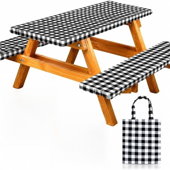 YMWVH Elastic Fitted Picnic Table Cover Set, Waterproof Windproof Vinyl Tablecloth with Bench Covers, Anti-Slip Flannel Back Table Protector for Camping BBQ Outdoor Gatherings