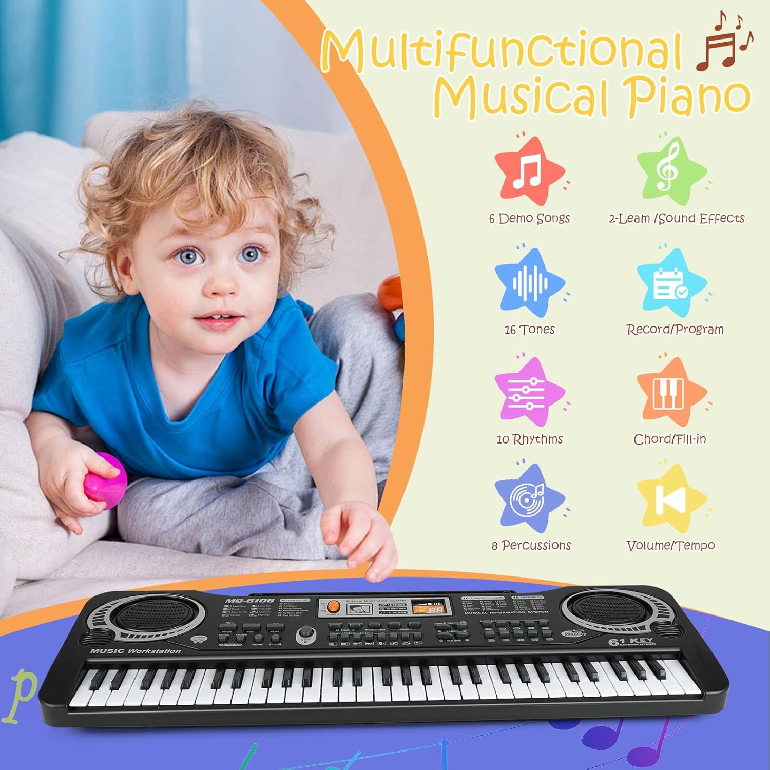Mixfeer 61 Key Keyboard Piano, Electronic Keyboard Piano with Microphone for Kids Gift, Black
