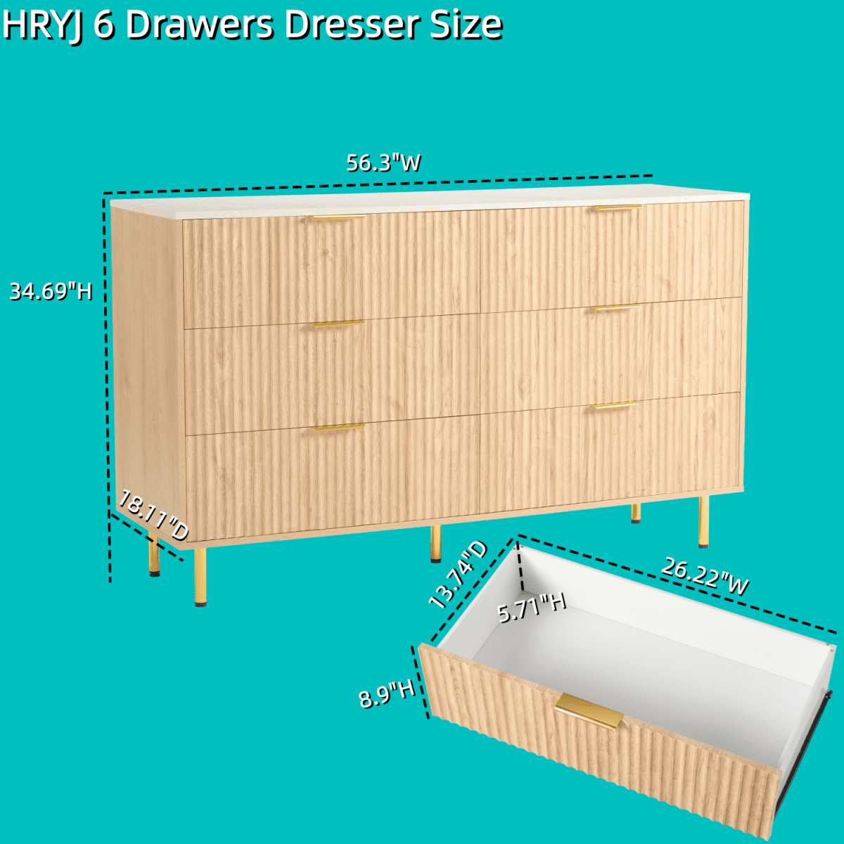 6 Drawers Dresser for Bedroom with Faux Marble Top, Fluted 56" Wide Chest of Drawers,Natural Oak