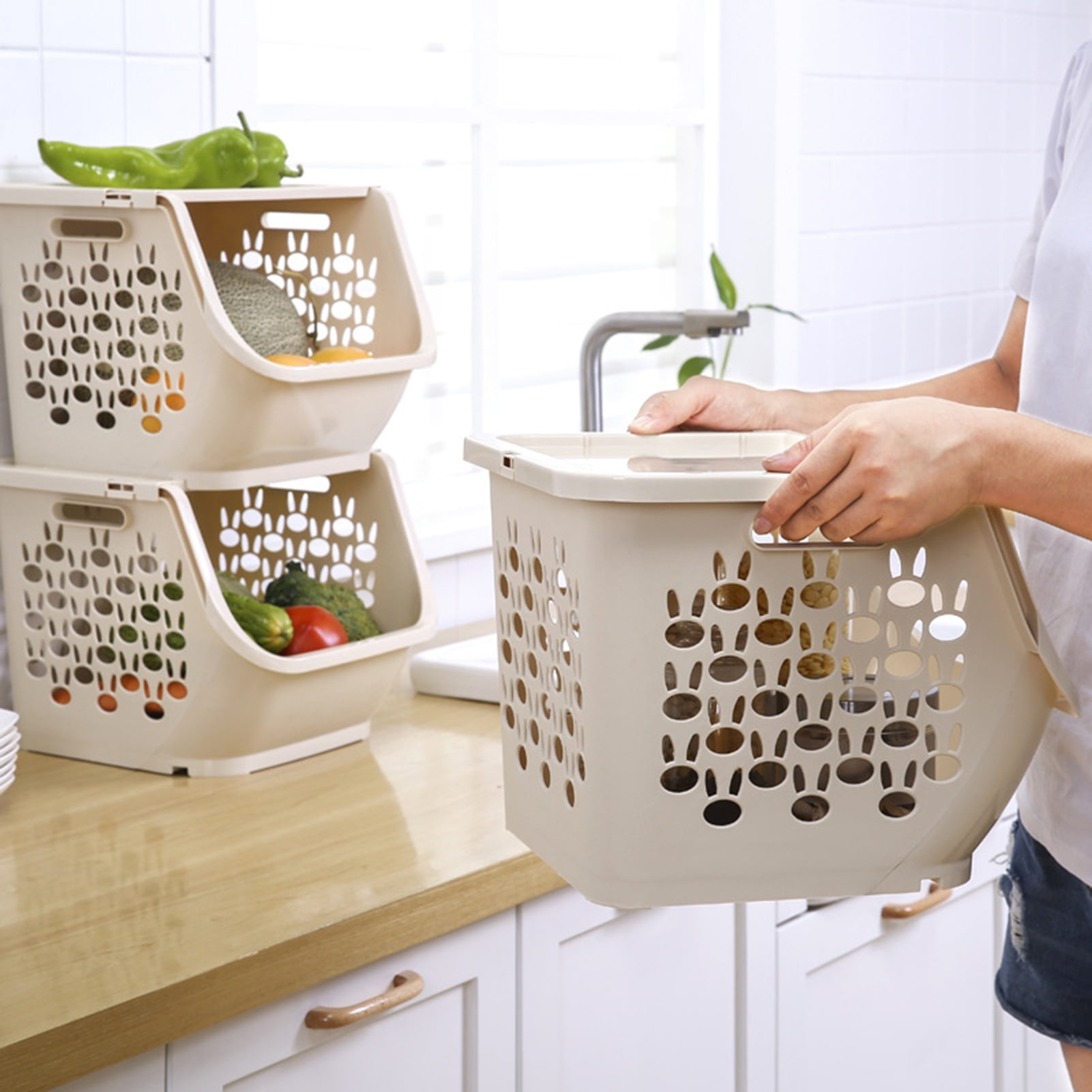 Storage Baskets with Top Lid Stackable Pantry Organization and Storage, Large Capacity Kitchen Produce Basket Bins for Fruits, Vegetables, Potatoe, Cans, Onion and Snacks
