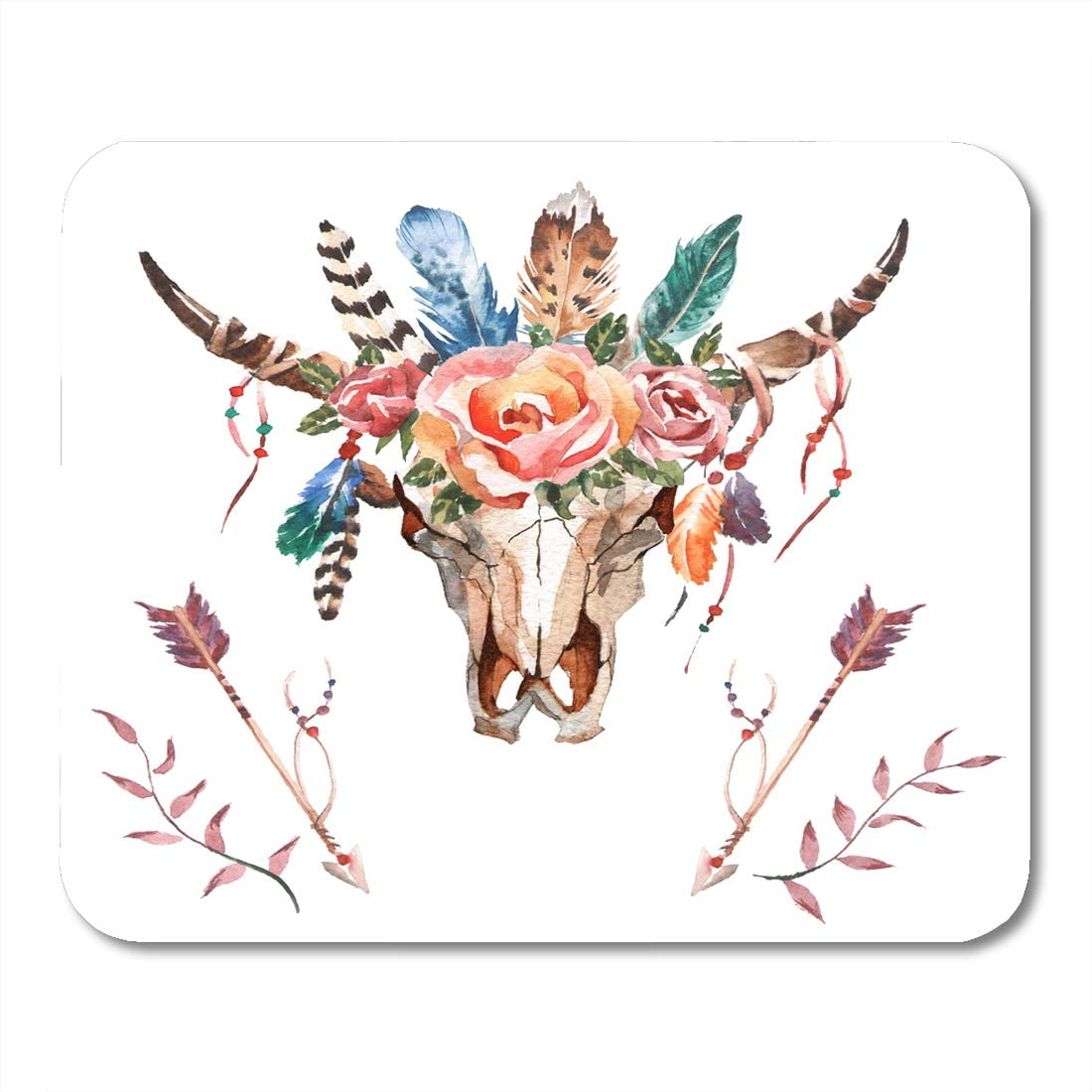 Non-Slip Rubber Mouse Pad for Desktop Laptop Accessories Bohemian Watercolor Bull Head Flowers Feathers On Boho Cow Bison Gaming Mouse Pad