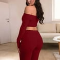 thumbnail image 5 of Dazajoo 2 Piece Sets for Women Long Sleeve Off Shoulder Crop Tops and Flared Leggings Lounge Set Yoga Sportswear Outfits,Red,L, 5 of 9