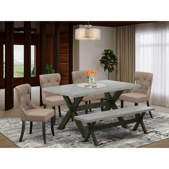 East West Furniture X696SI648-6 6-Pc Dining Table Set- 4 Dining Chairs with Coffee Linen Fabric Seat and Button Tufted Chair Back - Rectangular Top & Wooden Cross Legs Kitchen Table and Indoor...