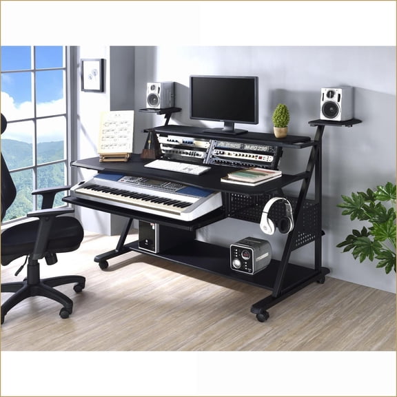 Music Desk with Keyboard Tray, Cable Management, Wheels | Black | Synthetic Wood