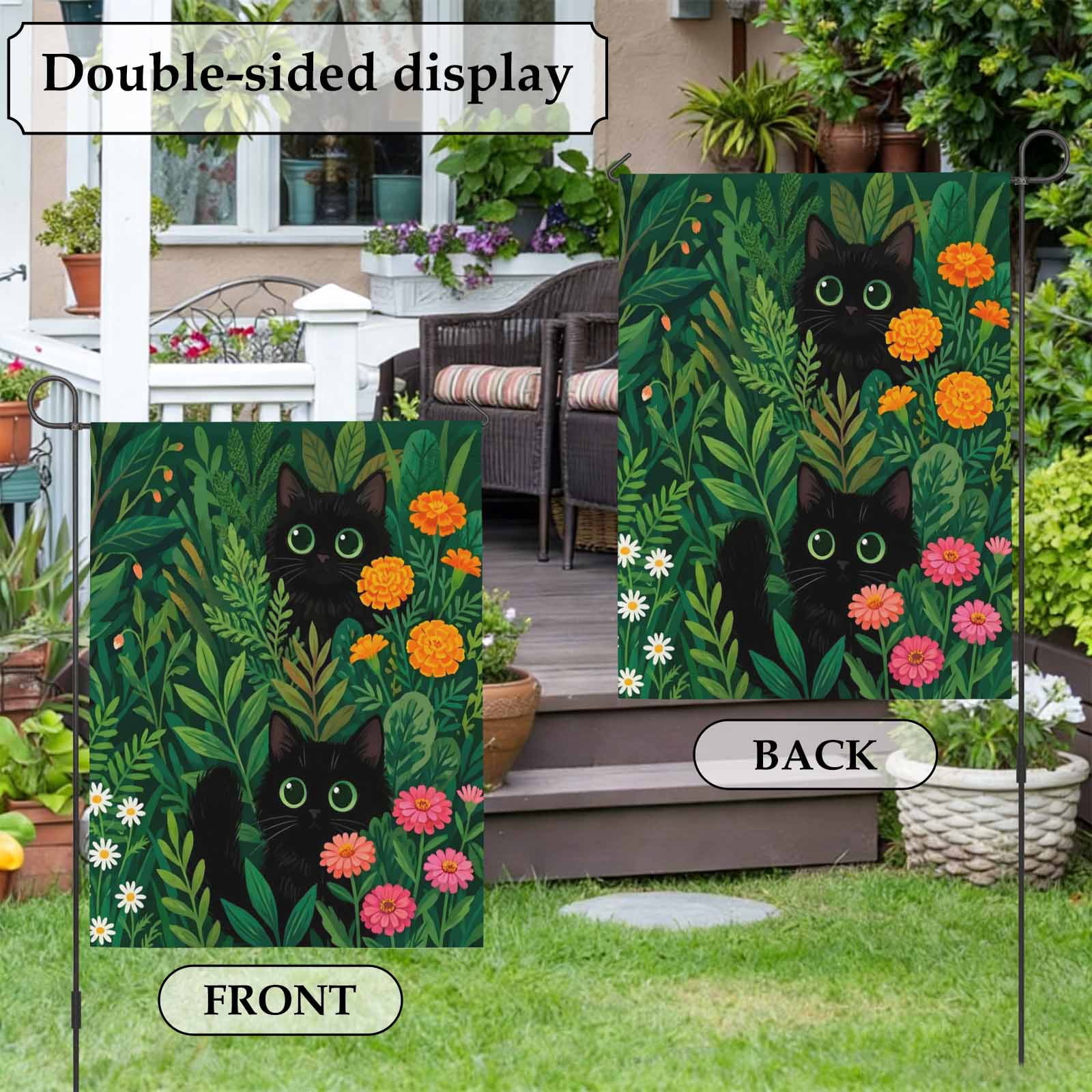 Black Cat House Flag 28 x 40 Inches, Pink Orange Flower Green Grass Spring Daisy Floral Weather Proof Outdoor Patio Flags Double Sided Small House Decoration for Yard Lawn Outside Home