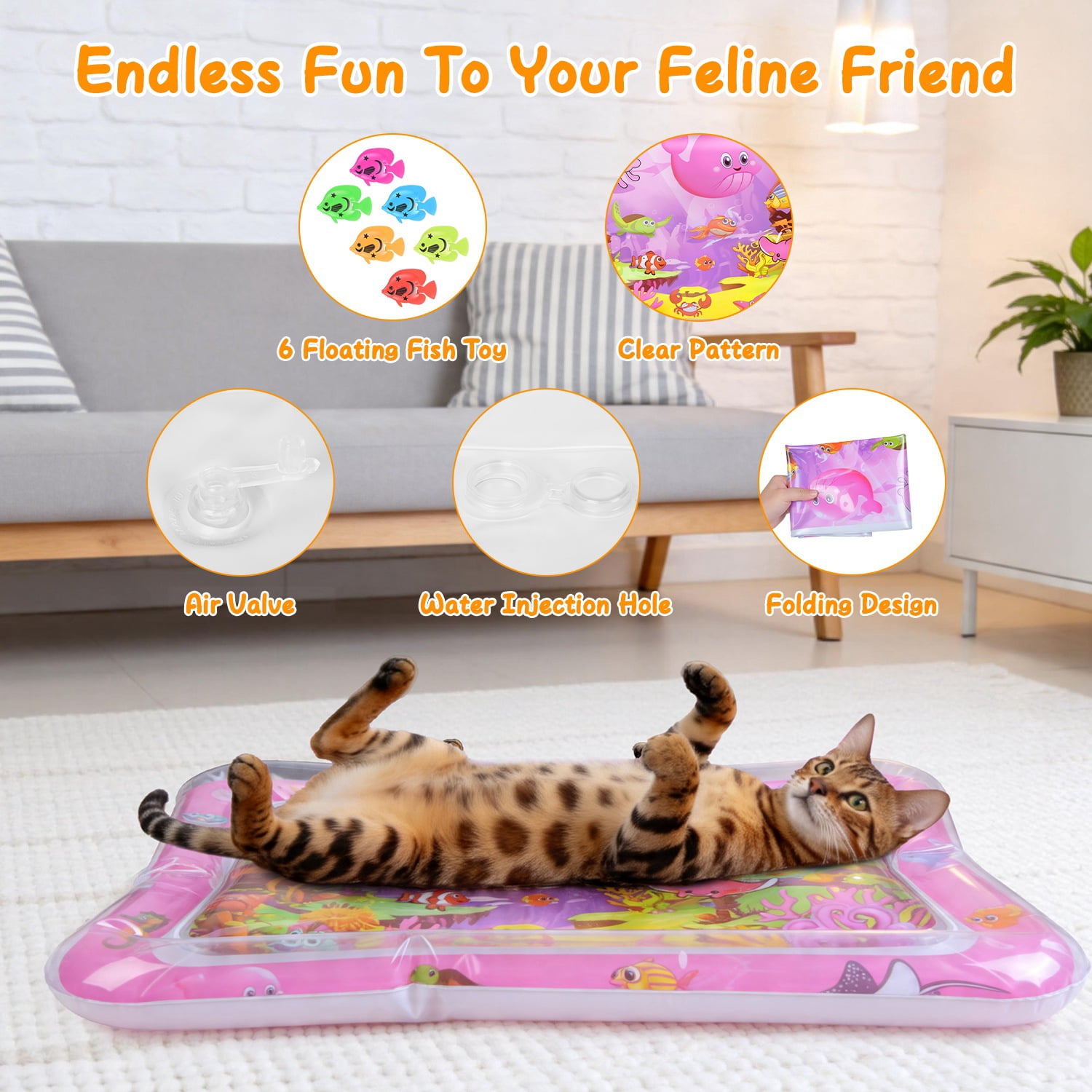 Imountek Thickened PVC Cat Water Mat Interactive Sensory Play Mat with LED Changing Light Floating Fish Toys for Indoor Cats Kittens, Blue