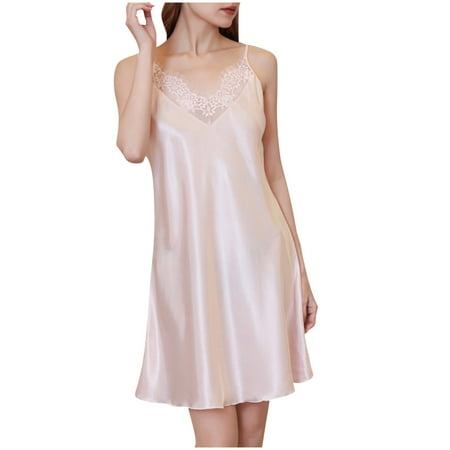 BRGZLK Sleepwear Sexy Lingerie Nightgown Lace Chemise Satin Slip Silk Negligee Nightie Bridal Babydoll for Women Pink S