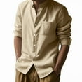 thumbnail image 3 of Men Cotton Linen Shirt Long Sleeve Collarless Casual Button Down Shirt Breathable Beach Tops Khaki XL, 3 of 4