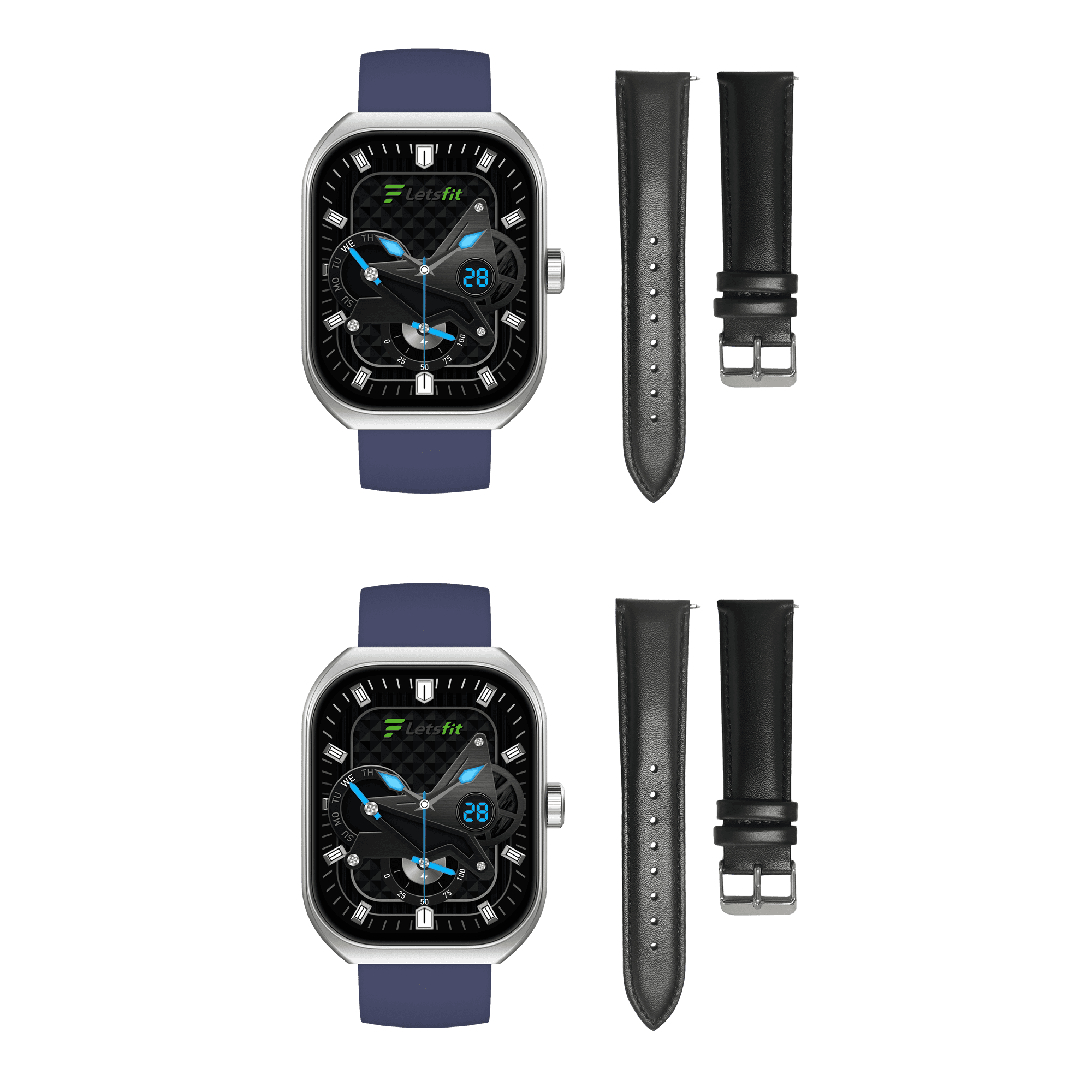 Letsfit smartwatch E46 Display 2 packs : TFT Silver Bezel plus Blue band plus bluetooth calling and voice assistant plus2 extra leather bands in black color