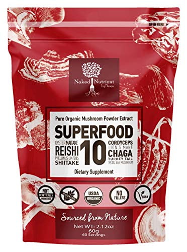 SUPERFOOD 10 Organic Mushroom Powder Extract Supplement - 14x STRONGER-100% Pure-USDA- Immunity Booster- Reishi, Chaga, Cordyceps, Shiitake, Lions Mane, Turkey Tail & More. Add to Coffee / Tea 60g