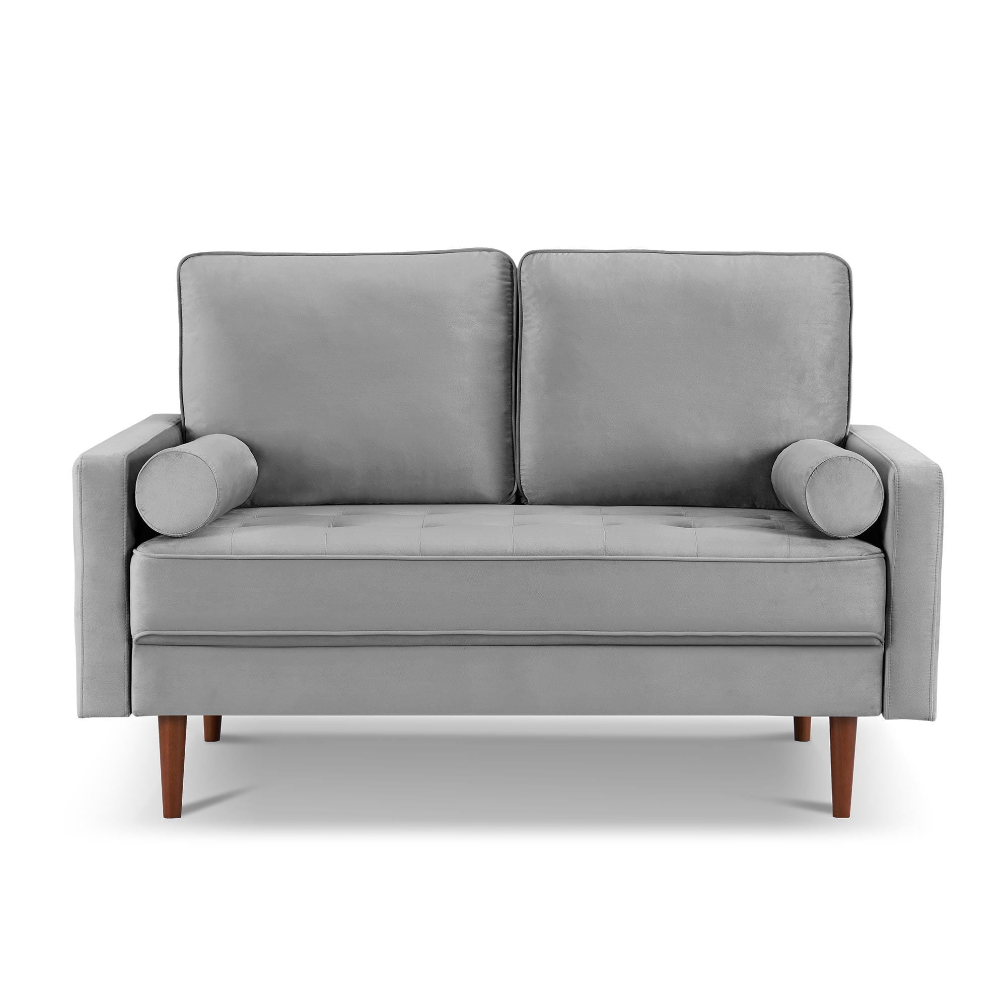 Dixie 57" Small Sofa Loveseat Couch, Premium Velvet Fabric And 2 Bolster Pillows Suitable for Apartment or Small Living Room, Grey