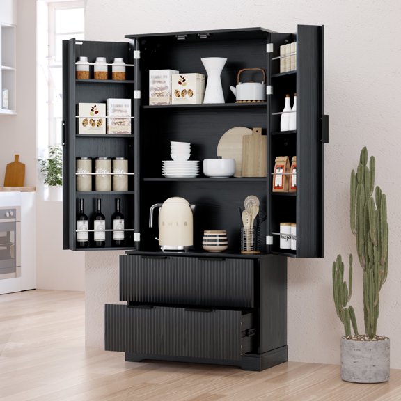 HIUU Fluted Kitchen Pantry Cabinet with Drawers,Black Food Pantry Cabinet,Freestanding Kitchen Cupboard with 8-Door Spice Rack