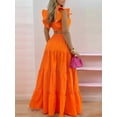 thumbnail image 5 of Women'S 2 Piece Outfits Spaghetti Strap Crop Top and Smocked Waist Ruffle Swing Long Skirt Set Orange XXXL, 5 of 6