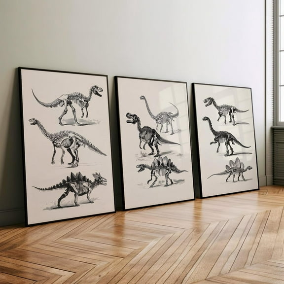 Luvia Vintage Dinosaur Skeletons Art Set Of 3 Poster Or Print, Science,Llustration, Extinct Animal Wall Art, Minimalist Toddler Room Decor, Modern Wall Decor Set 3 Prints 8x12 UNFRAMED