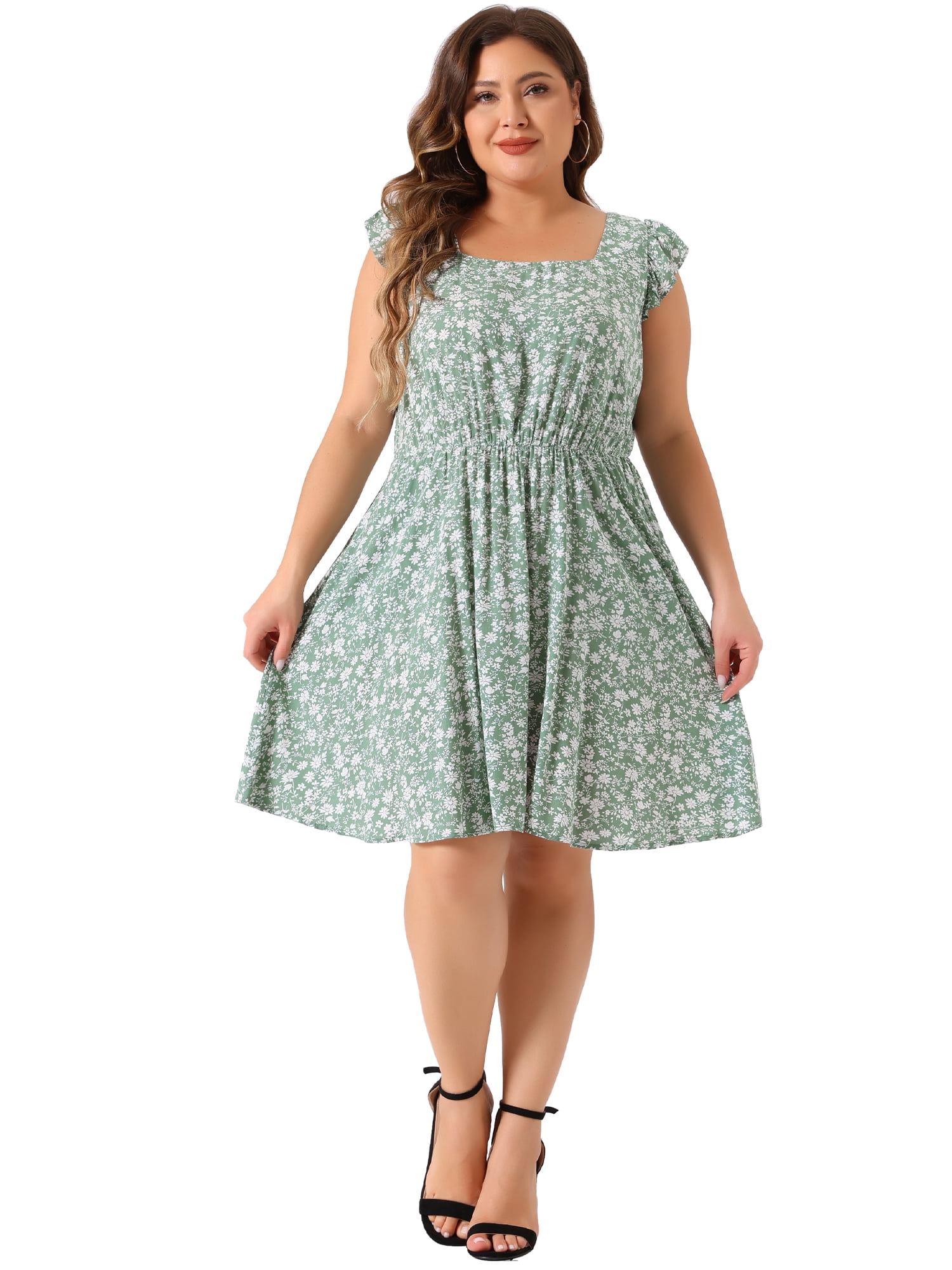 DARING DIVA Plus Size Square Neck Ruffle Short Sleeve Midi Dress 1X Green