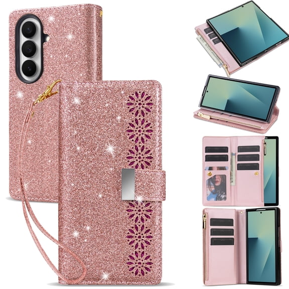 PU Leather Glitter Wallet Case for Samsung Galaxy Z Fold7, Card Slots Cash Zipper Pocket Phone Cover, Multi‑Angle Kickstand Wrist Strap Protective Phone Case for Women Girls, Rosegold