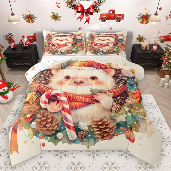 Homewish Kawaii Animal Hedgehog 2pcs Bedding Comforter Set for Kids Children Teens,Happy Xmas Theme Twin Comforter Sets,Merry Christmas Breathable Bedding Set,Lightweight Room Decor,Reversible