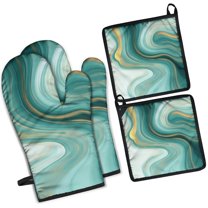 Teal Gold Marble Kitchen Oven Mitt and Pot Holder Sets 4 Pcs for Baking, Cooking and Grilling, Heat Resistant Up To 392 °F